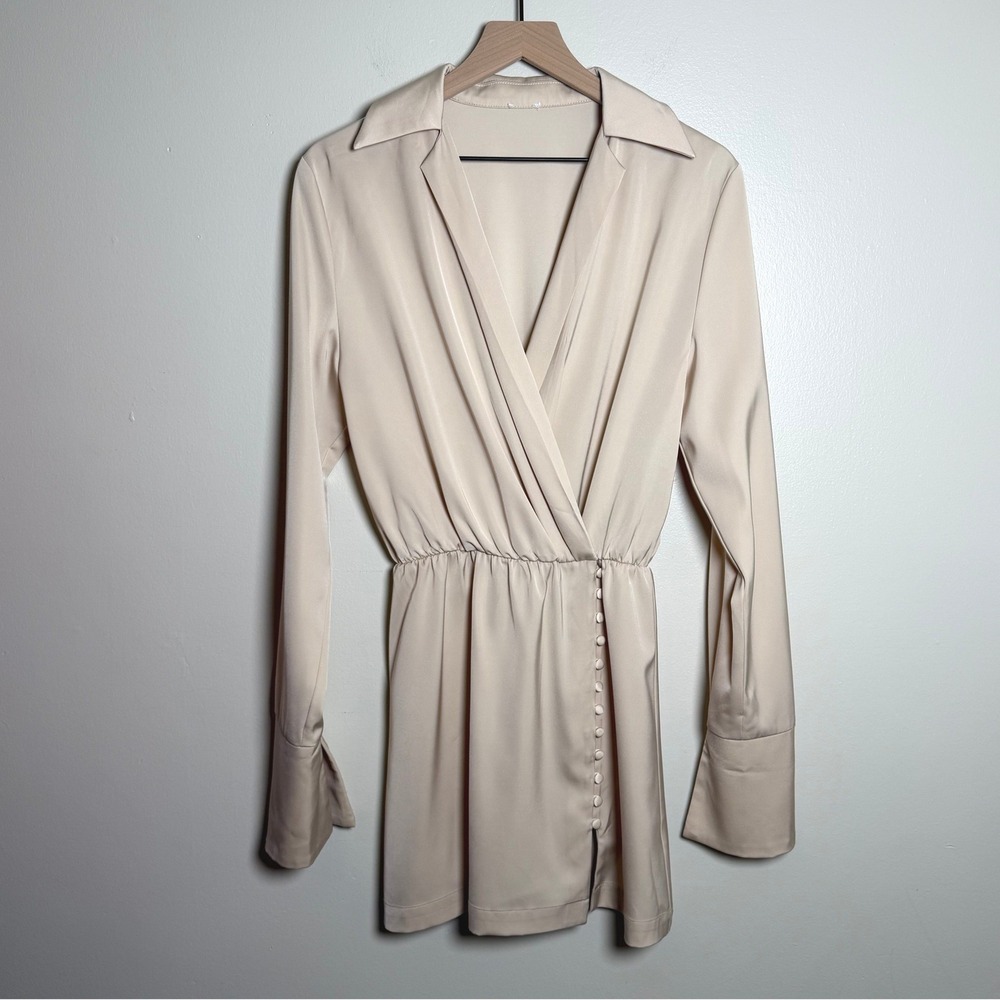 Princess Polly Champagne Satin Wrap Mini Dress Long Sleeve Beige Notched Collar